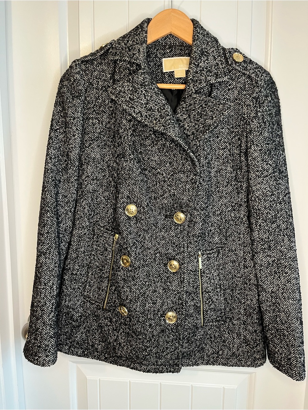 Michael Kors Black and White Tweed Double-Breasted Pea Coat with Gold Buttons